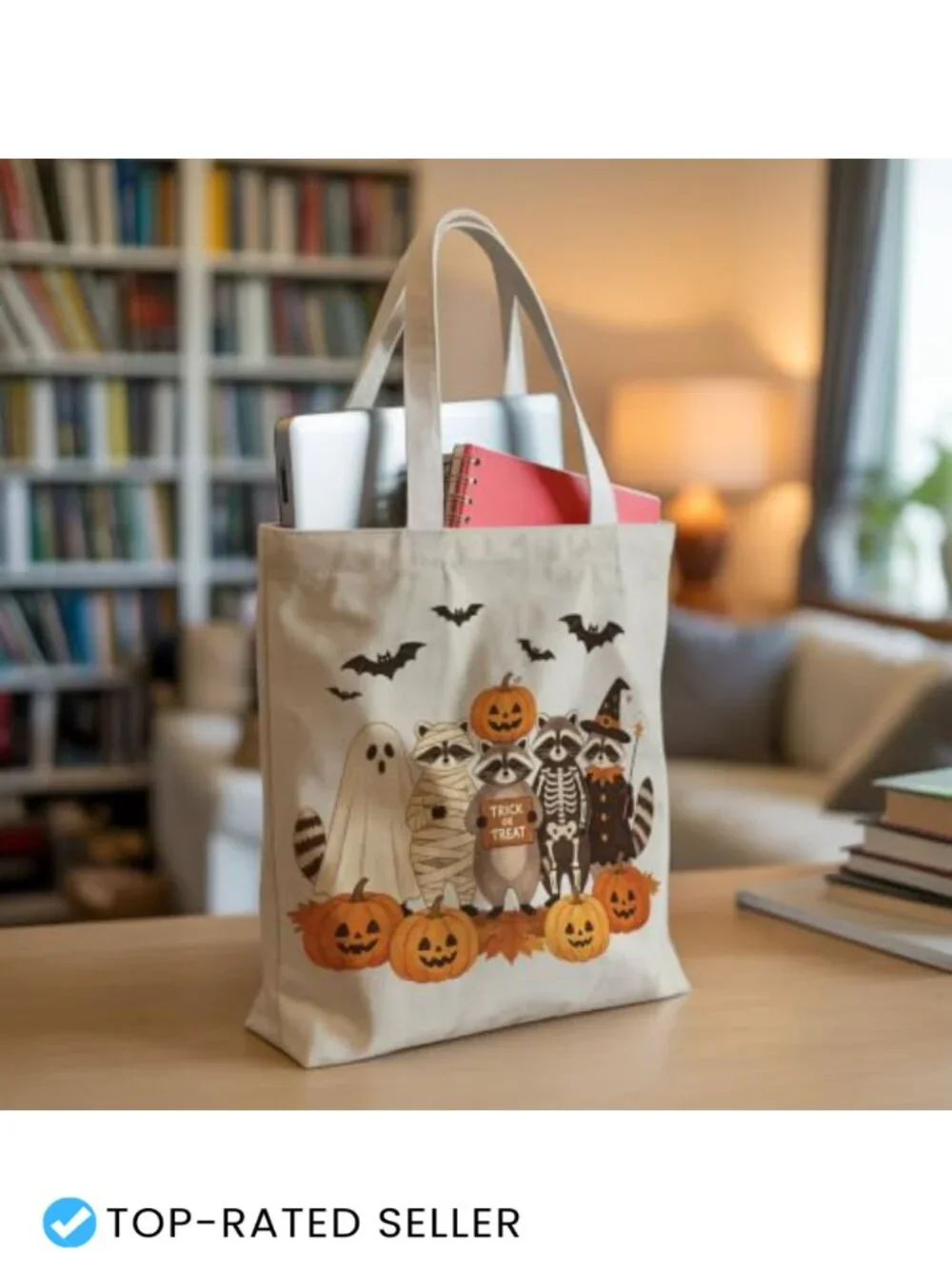 Halloween Tote Bag for Women, Canvas Carryall with Raccoon Print, Shoulder Bag,